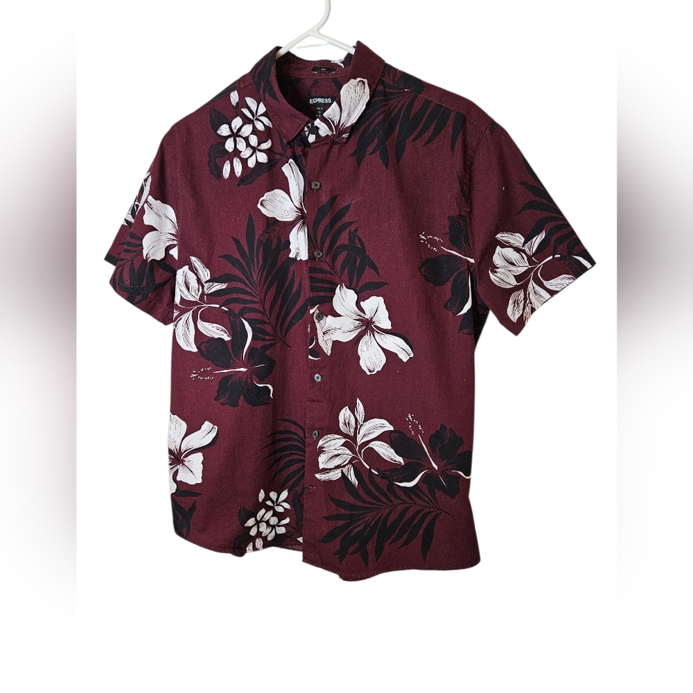 Express Maroon Hawaiian Floral Button Down Shirt